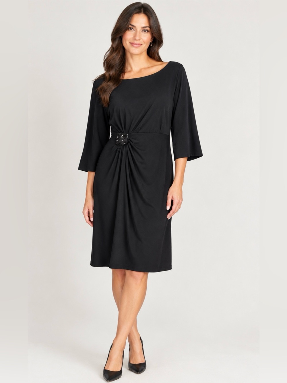 Black Embellished Knot-Detail Midi Dress